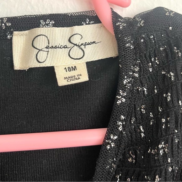 Jessica Simpson NWOT Baby 18 Mon Black Dress with Silver Flowers Sheer Sleeves - Picture 6 of 7